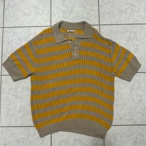 Zara Yellow and Gray Striped Casual Button Down Shirt
